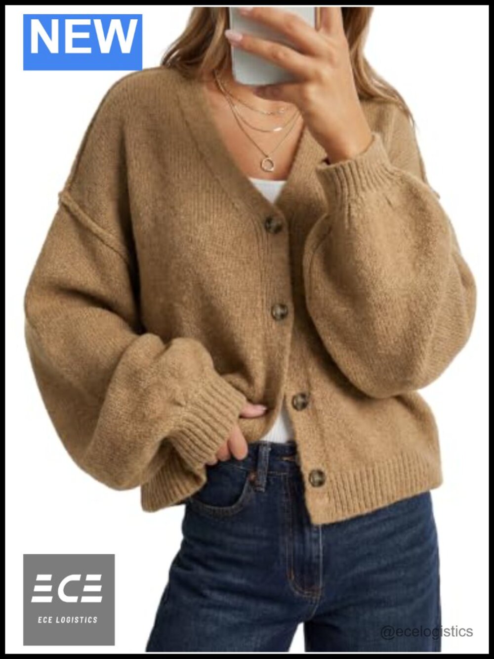 Chunky Knit Cardigan Sweater with Lantern Sleeves and Buttons